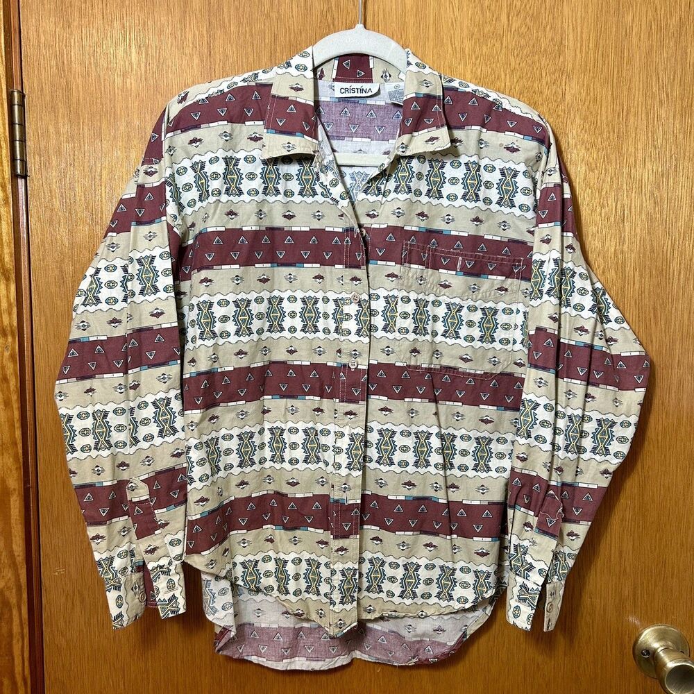 Vintage CRISTINA 90s Southwestern Shirt M Cotton Aztec Geometric Long Sleeve